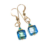 Murano Glass Aqua Cube Gold Earrings, Fishhook Earrings