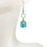 Murano Glass Aqua Cube Gold Earrings, Fishhook Earrings