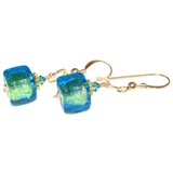 Murano Glass Aqua Cube Gold Earrings, Fishhook Earrings