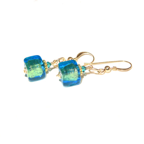Murano Glass Aqua Cube Gold Earrings, Fishhook Earrings