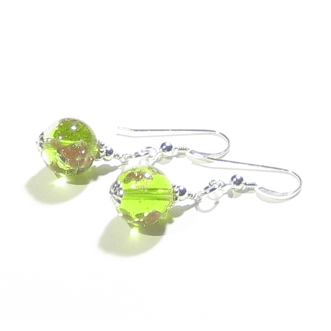 Murano Glass Lime Green Ball Gold Copper Silver Earrings - JKC Murano