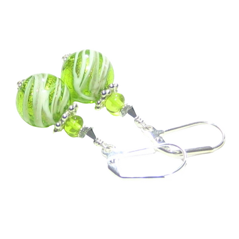 Murano Glass Lime Green Swirl Ball Silver Earrings - JKC Murano