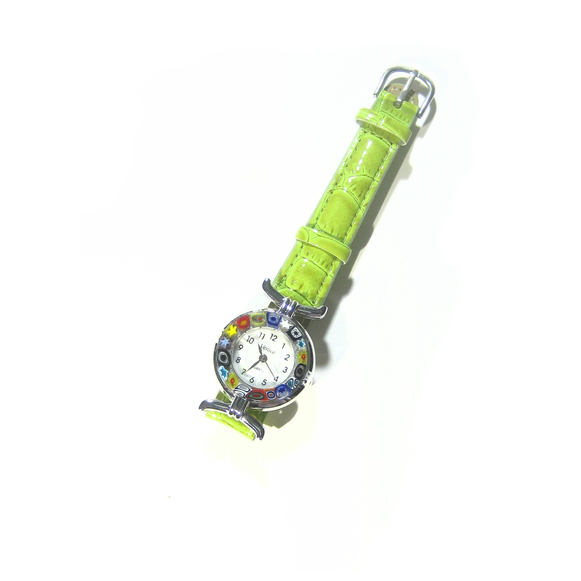 Italian Murano Millefiori Lime Green Leather Band Watch - JKC Murano
