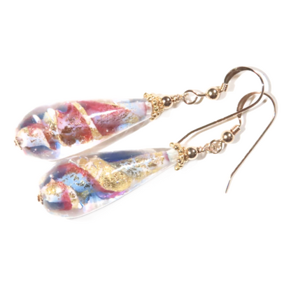 Murano Glass Pink Blue Swirl Teardrop Long Gold Earrings - JKC Murano