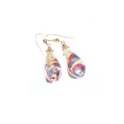 Murano Glass Pink Blue Swirl Teardrop Long Gold Earrings - JKC Murano
