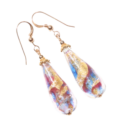 Murano Glass Pink Blue Swirl Teardrop Long Gold Earrings - JKC Murano