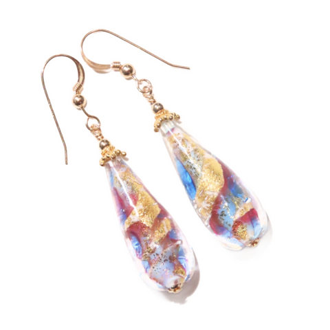 Murano Glass Pink Blue Swirl Teardrop Long Gold Earrings - JKC Murano