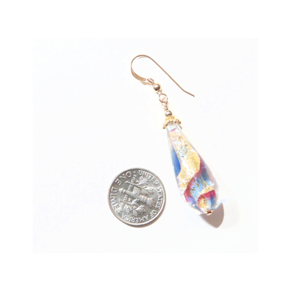 Murano Glass Pink Blue Swirl Teardrop Long Gold Earrings - JKC Murano