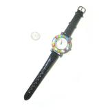 Murano Glass Large Millefiori Chrome Black Leather Band Watch - JKC Murano