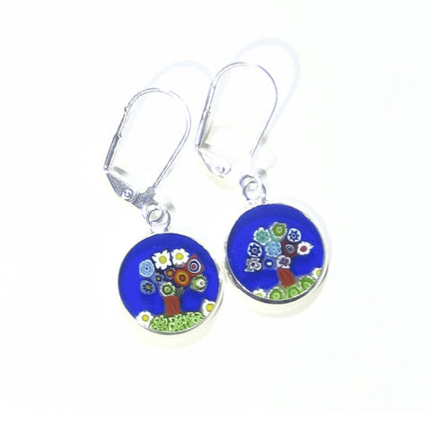 Murano Glass Colorful Tree of Life Blue Disc Sterling Silver Earrings - JKC Murano