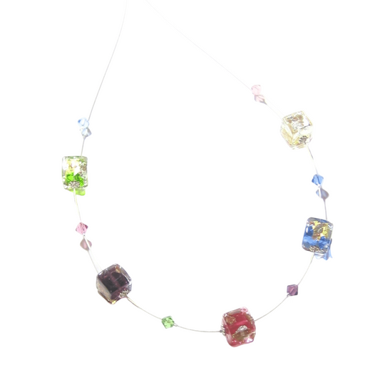 Murano Glass Colorful Cube Silver Necklace, Illusion Necklace - JKC Murano