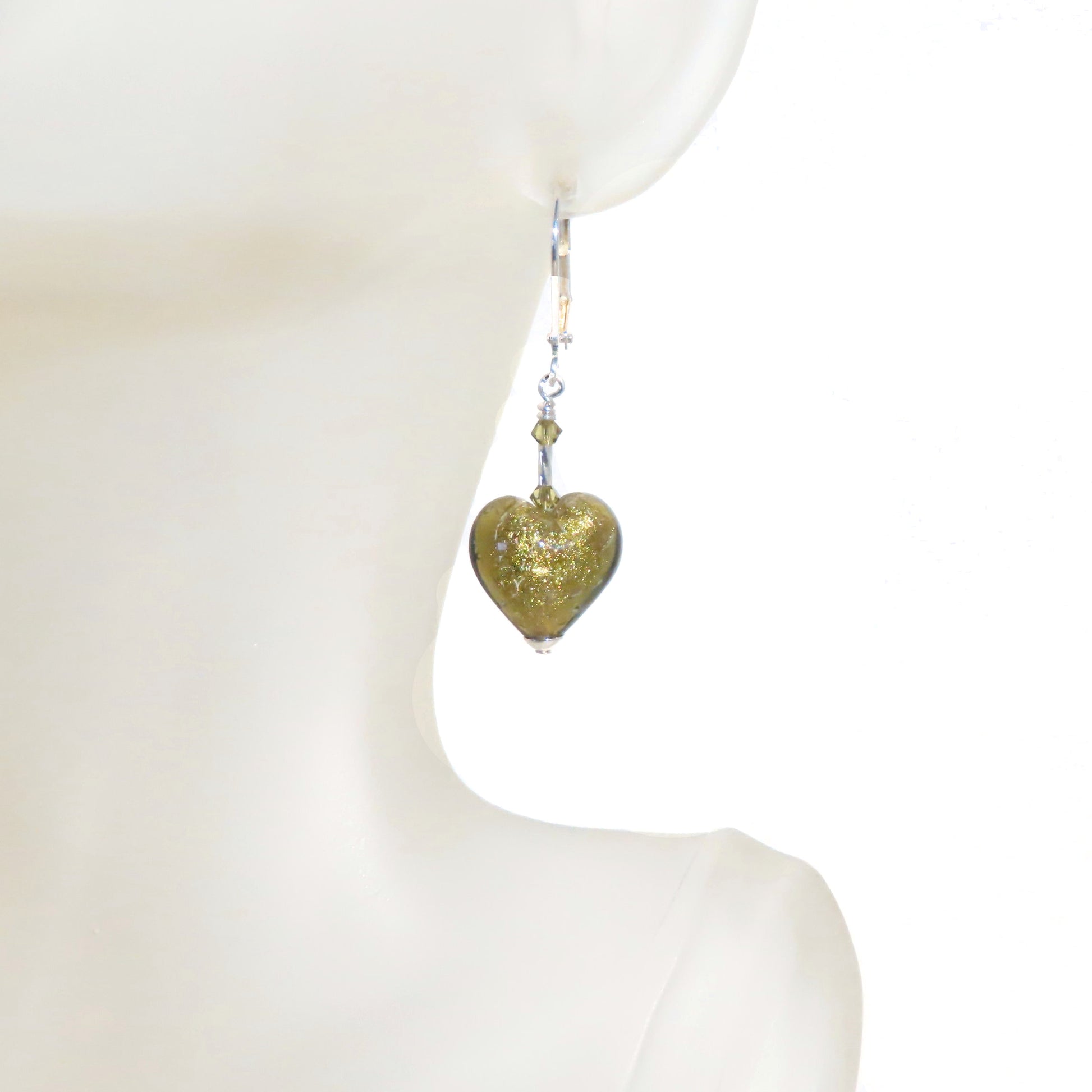Murano Glass Olive Green Heart Silver Earrings, Venetian Jewelry - JKC Murano