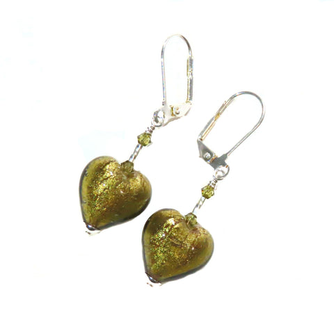 Murano Glass Olive Green Heart Silver Earrings, Venetian Jewelry - JKC Murano