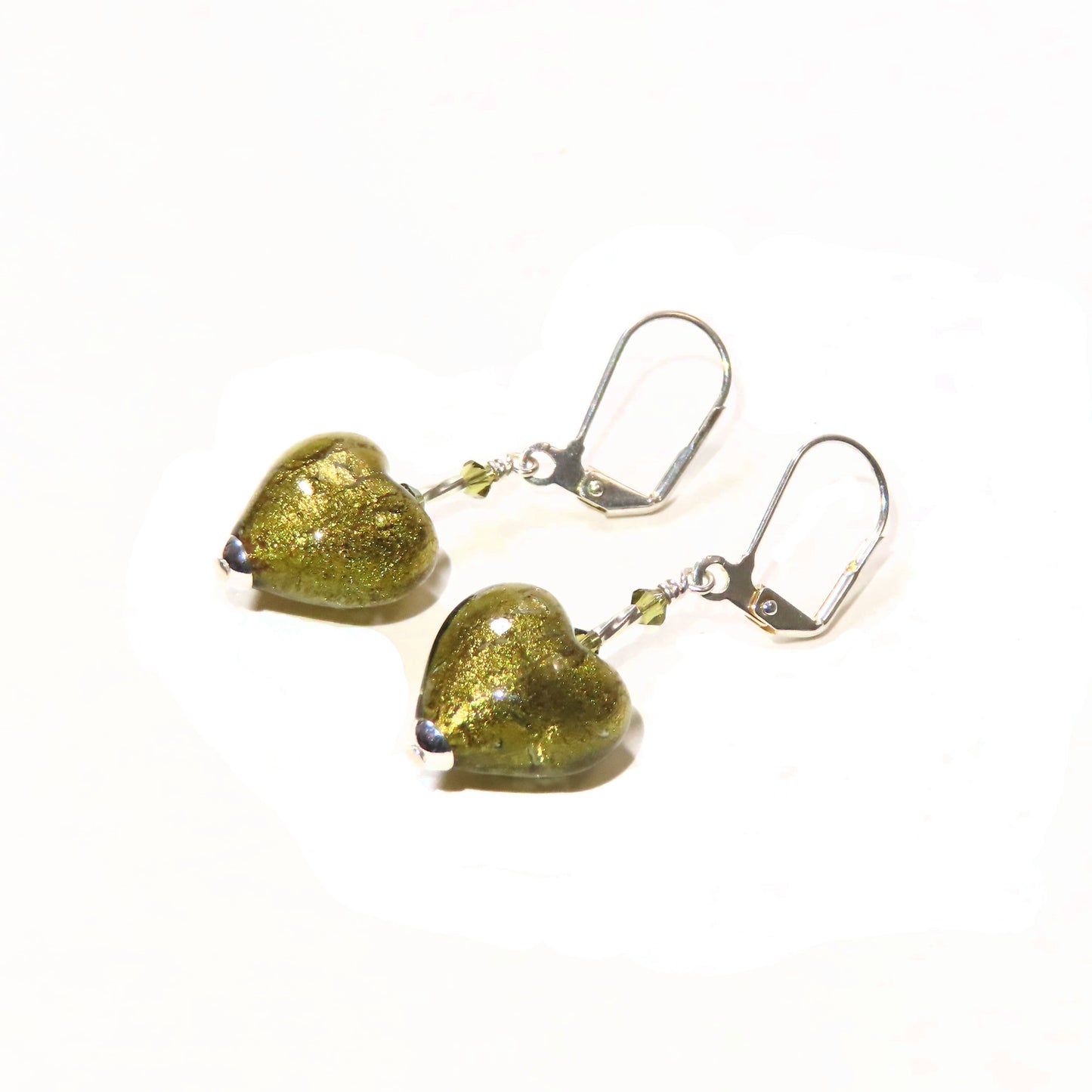 Murano Glass Olive Green Heart Silver Earrings, Venetian Jewelry - JKC Murano