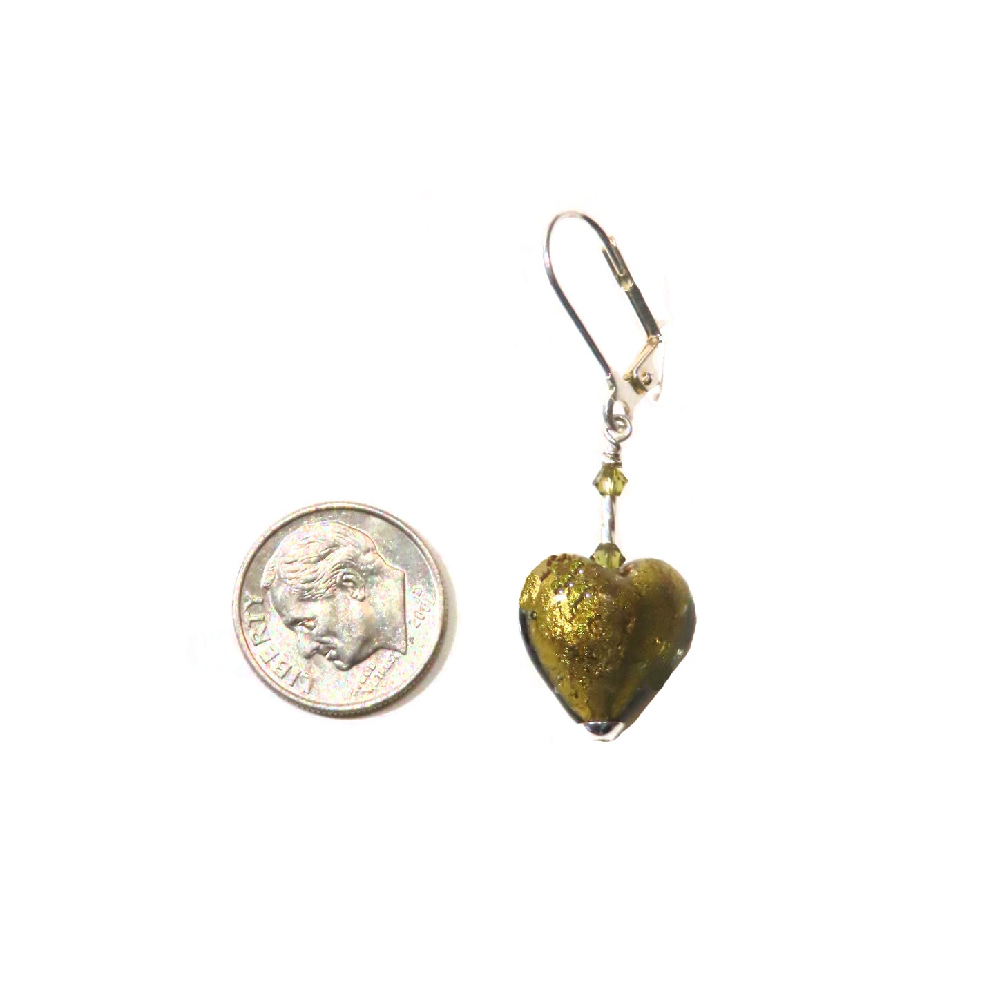 Murano Glass Olive Green Heart Silver Earrings, Venetian Jewelry - JKC Murano