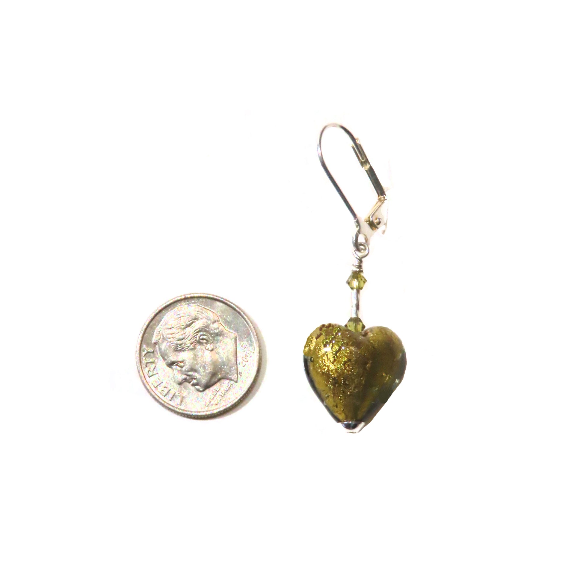 Murano Glass Olive Green Heart Silver Earrings, Venetian Jewelry - JKC Murano