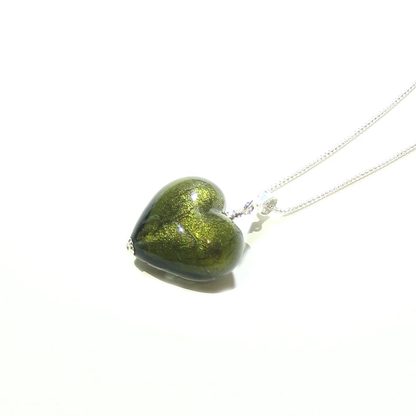 Murano Glass Olive Green Heart Pendant By JKC Murano - JKC Murano