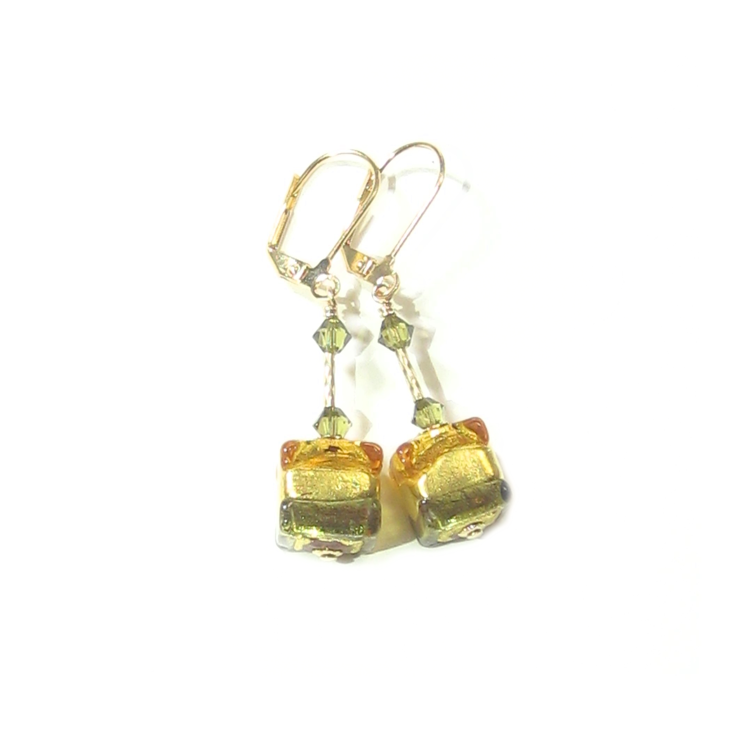 Murano Glass Topaz Olive Green Cube Gold Earrings - JKC Murano