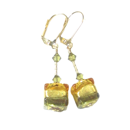 Murano Glass Topaz Olive Green Cube Gold Earrings - JKC Murano