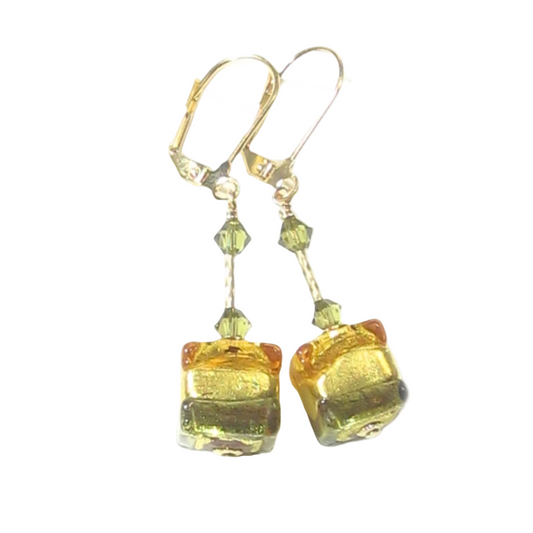 Murano Glass Topaz Olive Green Cube Gold Earrings - JKC Murano