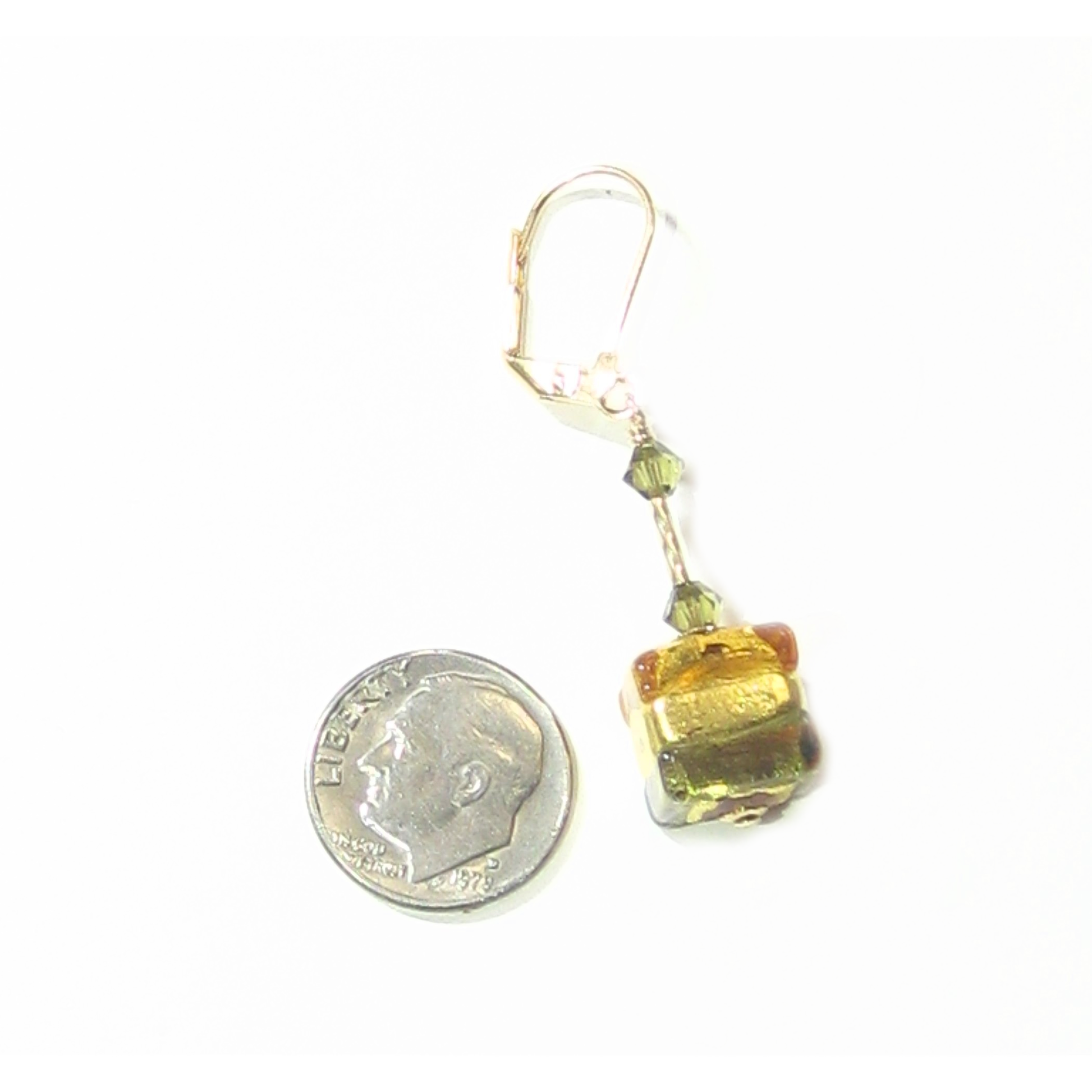 Murano Glass Topaz Olive Green Cube Gold Earrings - JKC Murano