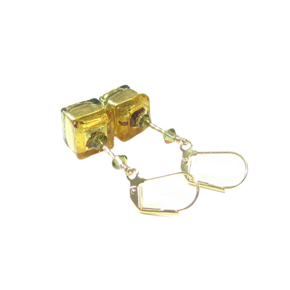 Murano Glass Topaz Olive Green Cube Gold Earrings - JKC Murano