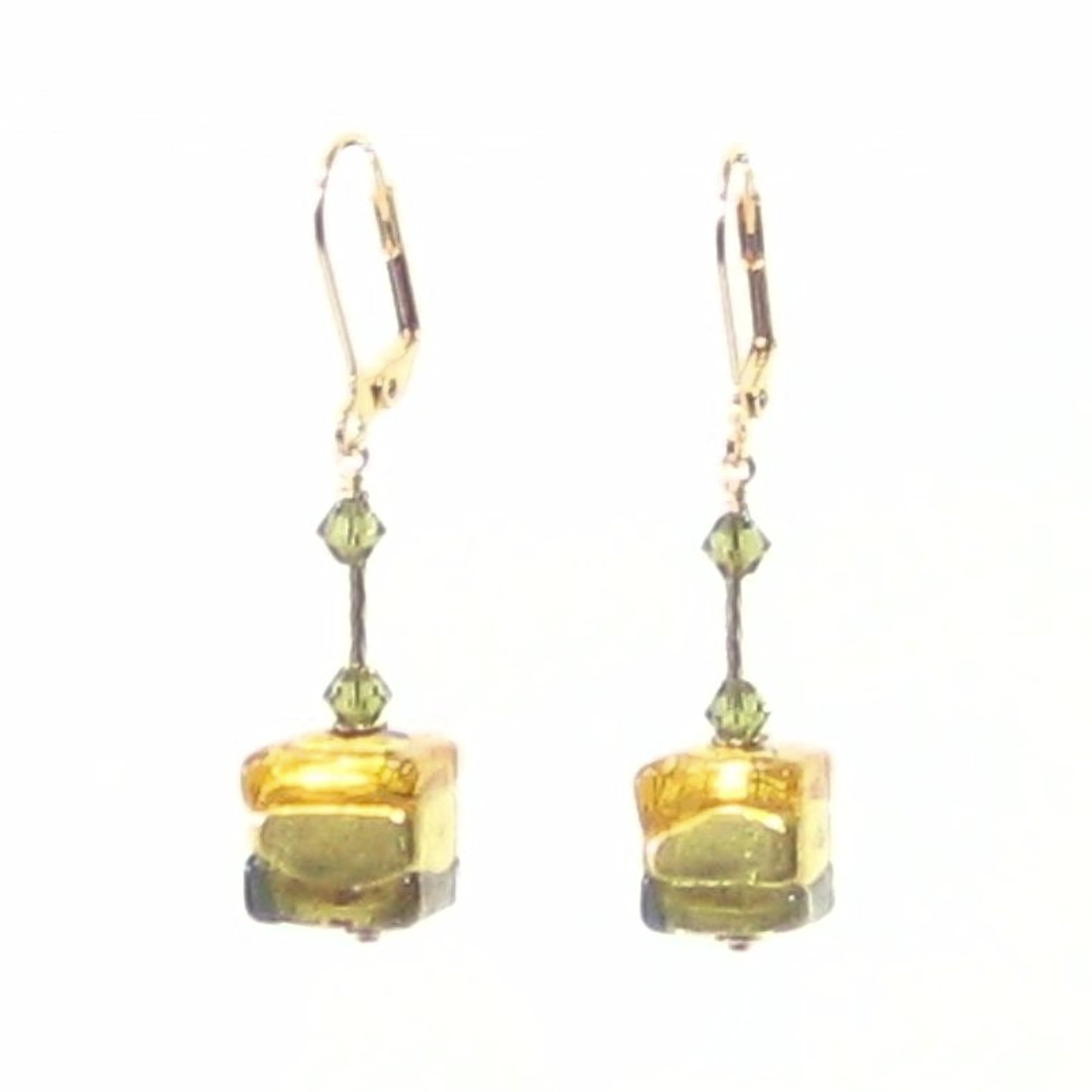 Murano Glass Topaz Olive Green Cube Gold Earrings - JKC Murano