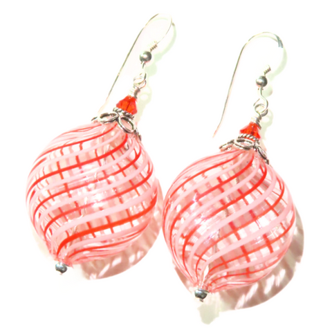 Murano Mouth Blown Glass Orange Stripe Hollow Disc Earrings