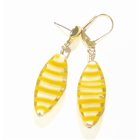 Murano Glass Orange Stripe Oval Gold Earrings, Silver Earrings - JKC Murano