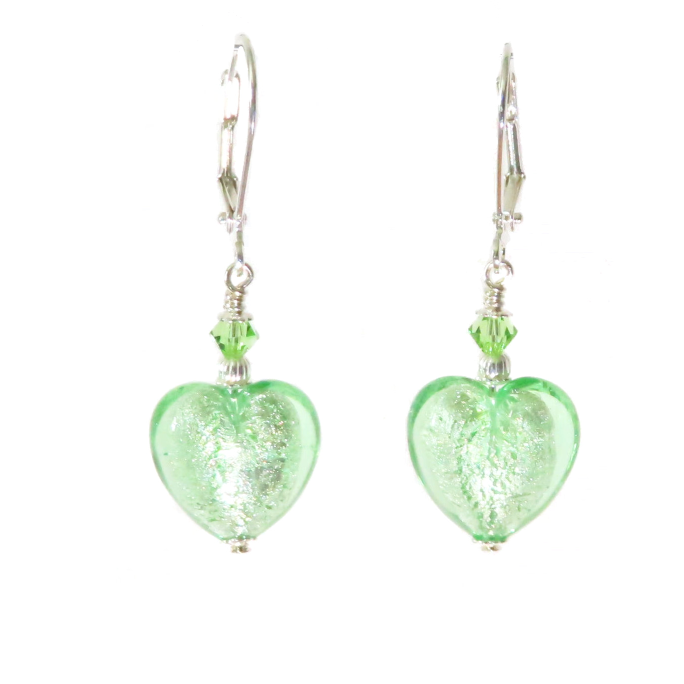 a pair of green glass heart shaped earrings