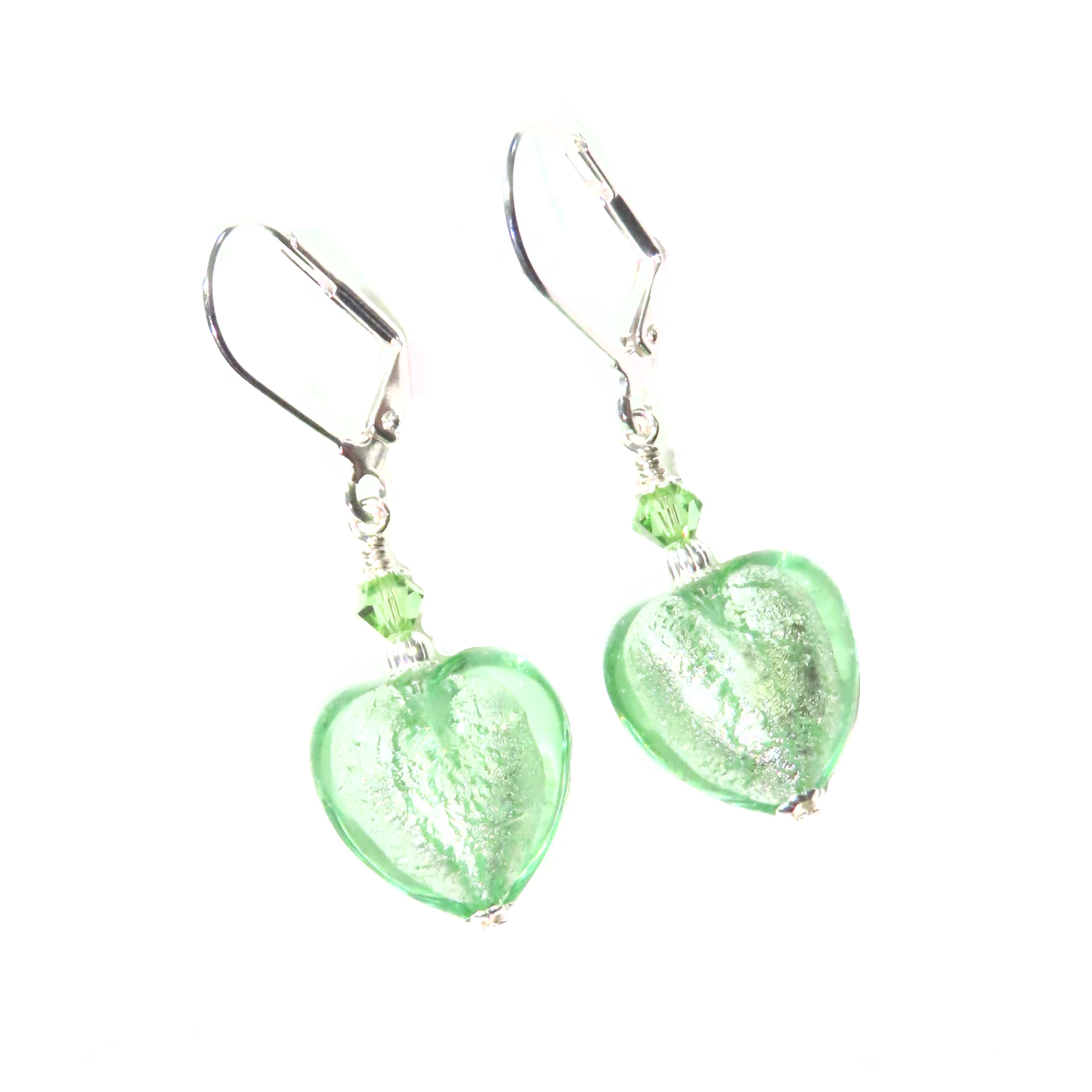 a pair of green glass heart shaped earrings