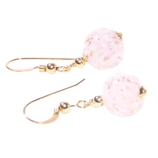 Murano Glass Pale Pink Ball Gold Earrings, Venetian Jewelry - JKC Murano