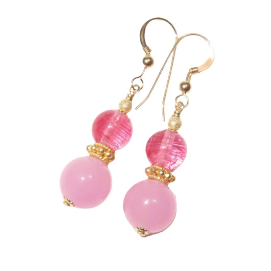 Murano Glass Pink Double Ball Gold Earrings - JKC Murano