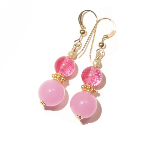Murano Glass Pink Double Ball Gold Earrings - JKC Murano