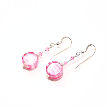 Murano Glass Pink Striped Coin Silver Earrings, Leverback Earrings - JKC Murano