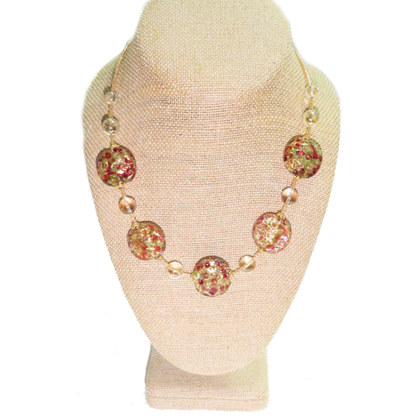 Murano Pink Sparkle Disc Gold Necklace