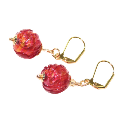 Murano Glass Ruby Pink Glacier Ball Sterling Gold Earrings