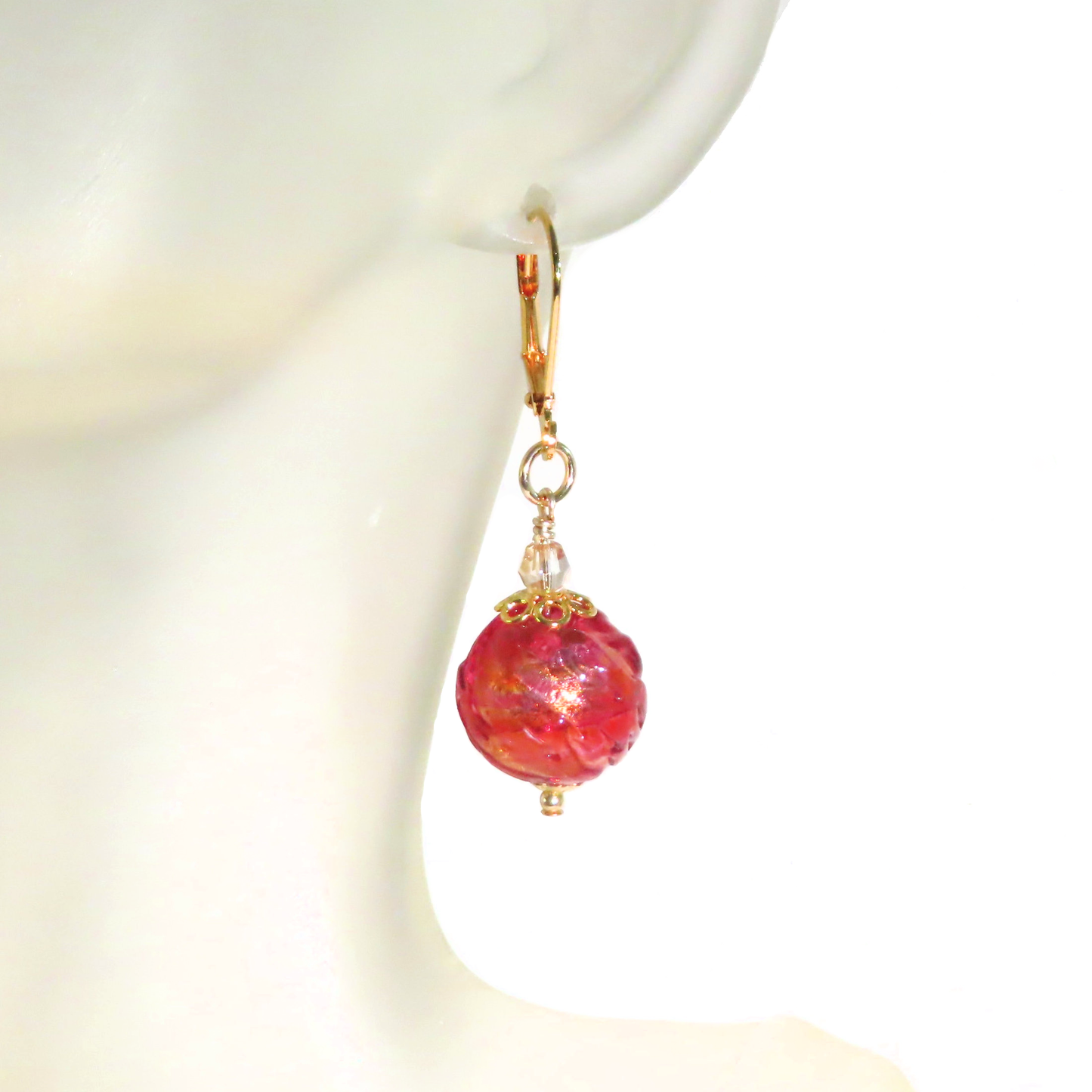 Murano Glass Ruby Pink Glacier Ball Gold Earrings