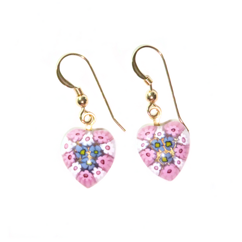 Murano Glass Millefiori Pink Blue Heart Gold Earrings