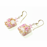 Murano Glass Pink Roses Millefiori Square Gold Earrings - JKC Murano