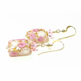 Murano Glass Pink Roses Millefiori Square Gold Earrings - JKC Murano