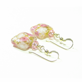 Murano Glass Pink Roses Millefiori Square Gold Earrings - JKC Murano