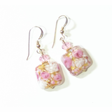 Murano Glass Pink Roses Millefiori Square Gold Earrings - JKC Murano