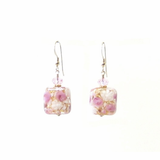 Murano Glass Pink Roses Millefiori Square Gold Earrings - JKC Murano