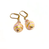 Murano Glass Pale Pink Striped Ball Gold Earrings