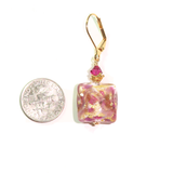 Murano Glass Pink White Swirl Square Gold Earrings