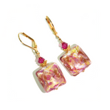 Murano Glass Pink White Swirl Square Gold Earrings