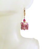 Murano Glass Pink White Swirl Square Gold Earrings