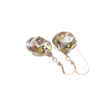 Murano Glass Amethyst Black Disc Gold Earrings, Fishhook Earrings - JKC Murano