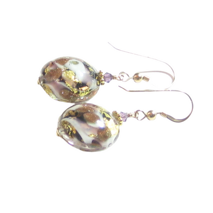 Murano Glass Amethyst Black Disc Gold Earrings, Fishhook Earrings - JKC Murano